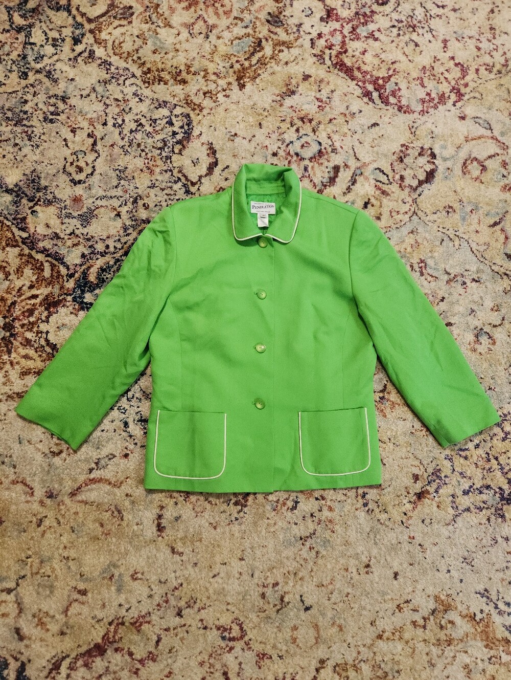 Pendleton Silk Cotton Lined Button Front Blazer Green White Piping Size 10